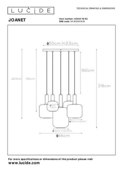 Lucide JOANET Pendelleuchte 5x E27 Rauchfarbe Grau, Mattes Gold, Messing 45494/15/65