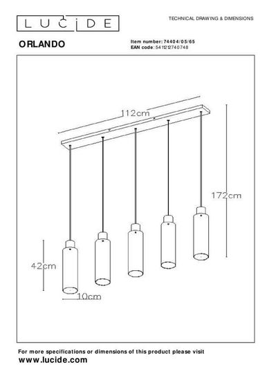 Lucide ORLANDO Pendelleuchte 5x E27 Rauchfarbe Grau, Schwarz 74404/05/65
