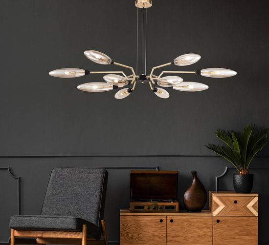 Maytoni Ventura Pendelleuchte, Hängeleuchte 12x G9 Matt-Gold Bernstein, Amber Glas