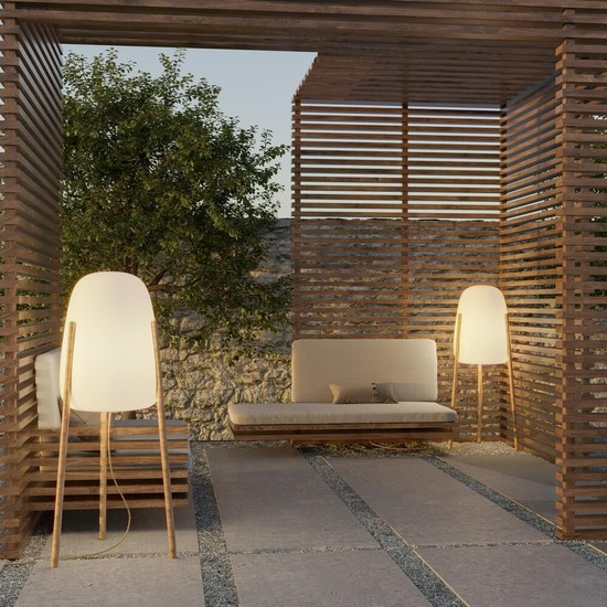 NewGarden ROCKET 145 LED Outdoor Stehlampe 145cm Holzbeine dimmbar + Controller E27 Innen & Außen IP65