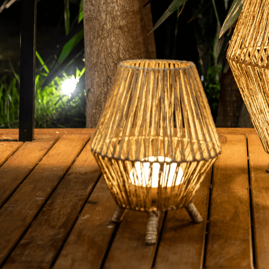 NewGarden SISINE 32 LED kabellose Tischleuchte Naturfaser 30cm Akku + Fernbedienung Innen & Außen IP54