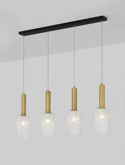 Nova Luce Pendelleuchte Certa 4-flammig 4xE27 Messinggold Schwarz Klar Glas Metall 90x12,5cm 9009275
