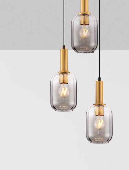 Nova Luce Pendelleuchte Maho 3-flammig 3xE27 Rauchgrau Messinggold Glas Metall Ø36cm 9236314