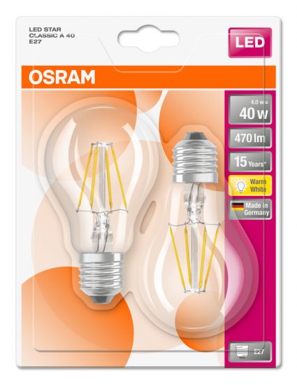 2er Pack Osram LED Filament Lampe E27 4W warmweiss = 40W Glühlampe