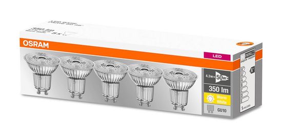 5er-Pack OSRAM BASE GU10 PAR16 LED Strahler 4,3W 350Lm 36° 2700K warmweiss wie 50W 4058075090460