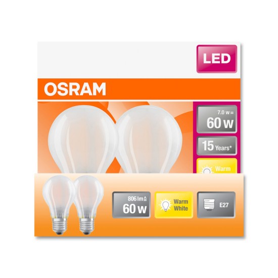 2er Pack Osram LED Lampe Retrofit Classic A FR 7W warmweiss E27 4058075132832 wie 60W