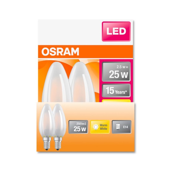 2er Pack Osram LED Kerze Retrofit Classic B FR 2.5W warmweiss E14 4058075143494 wie 25W