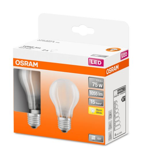 2er Pack Osram LED Lampe Retrofit Classic A 7.5W warmweiss E27 4058075289635 wie 75W
