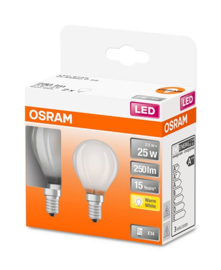 2er Pack Osram LED Lampe Retrofit Classic P FR 2.5W warmweiss E14 4058075289673 wie 25W