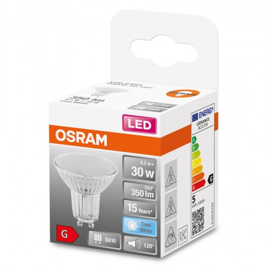 Osram GU10 LED Spot Star PAR16 4.3W 350Lm 120° weiss Glas 4058075303287 wie 30W