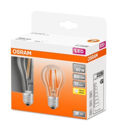 2er Pack Osram LED Filament Lampe Retrofit Classic 7W warmweiss E27 wie 60W Glühbirne