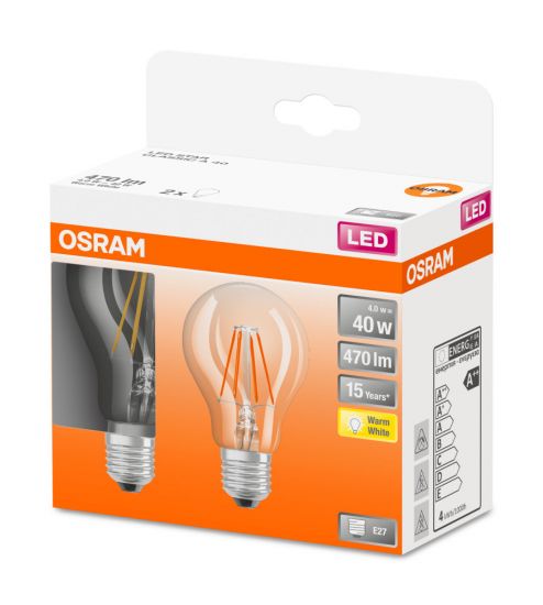 2er Pack Osram LED Lampe Retrofit Classic A 4W warmweiss E27 4058075330214 wie 40W