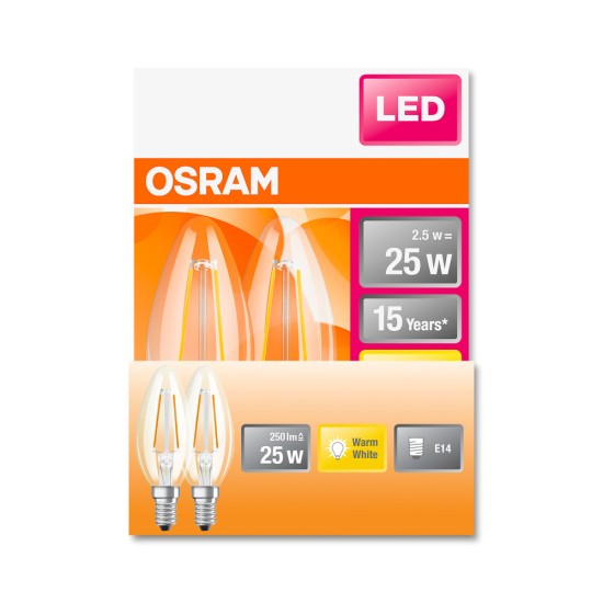 2er Set Osram LED Kerze Filament Classic 2.5W warmweiss E14 4058075330498 wie 25W