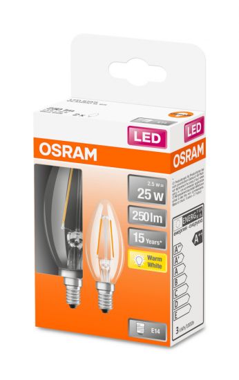 2er Set Osram LED Kerze Filament Classic 2.5W warmweiss E14 4058075330498 wie 25W