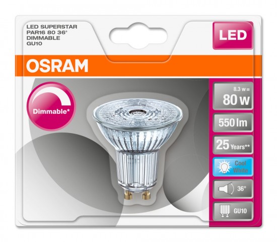 Osram GU10 LED Spot Superstar Glas 8.3W 550Lm dimmbar 4000K neutralweiss wie 80W Halogen-Strahler