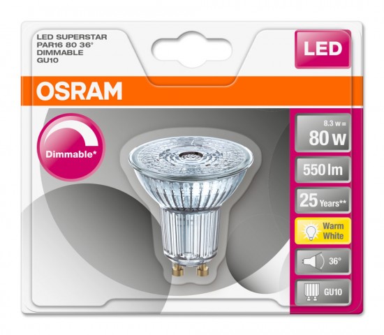 Osram GU10 LED Superstar Strahler 8.3W 575Lm dimmbar warmweiss Glas 4058075433564 wie 80W
