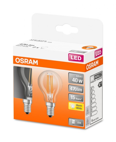 OSRAM Retrofit E14 LED Lampe 4W P40 2-er Pack Filament klar warmweiss wie 40W
