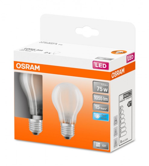 OSRAM Retrofit E27 LED Birne 7,5W A75 2-er Pack Filament matt neutralweiss wie 75W