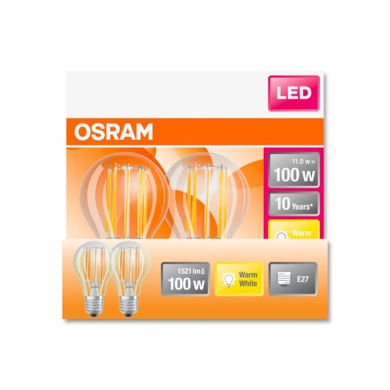 2er Pack Osram LED Lampe Classic A 11W warmweiss E27 4058075605145 wie 100W