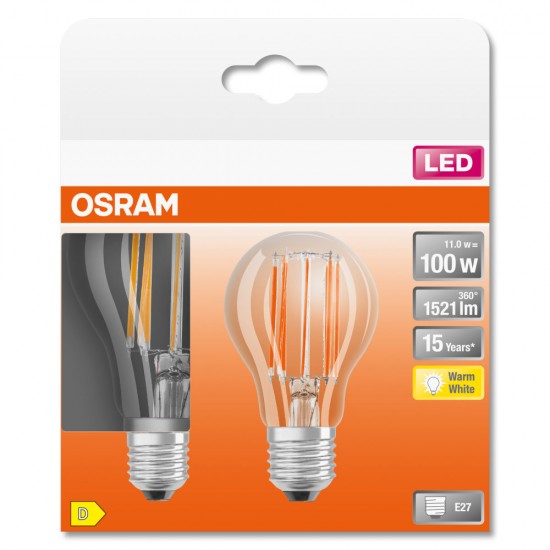 2er Pack Osram LED Lampe Classic A 11W warmweiss E27 4058075605145 wie 100W