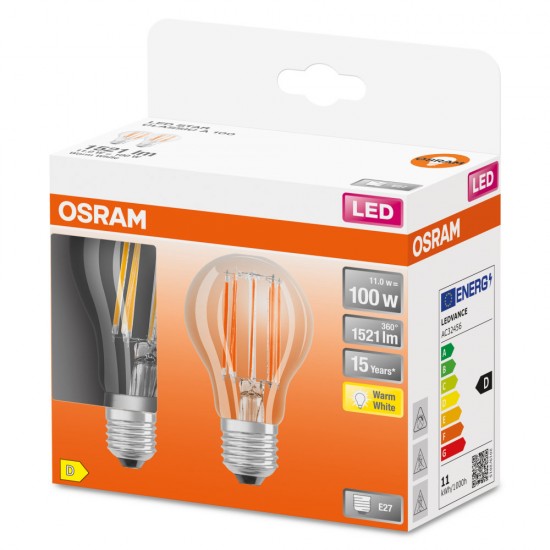 2er Pack Osram LED Lampe Classic A 11W warmweiss E27 4058075605145 wie 100W