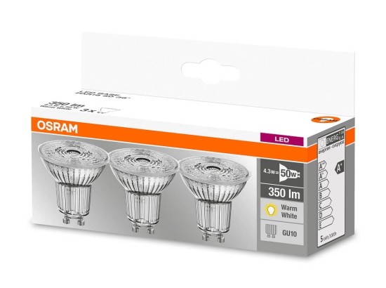 Osram 3er-Pack GU10 LED Birne Base 4,3W 350Lm Glas Warmweiss