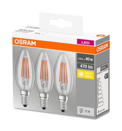 3er-Pack Osram LED Kerze BASE Classic E14 Filament klar 4W warmweiss wie 40W