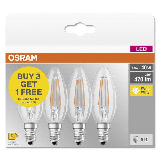 4er-Pack OSRAM LED Kerze E14 Base Classic Filament B40 4W 470lm Warmweiss 2700K wie 40W 4099854122088
