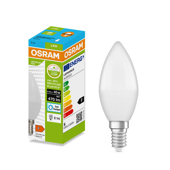 OSRAM LED Kerze E14 Classic matt B40 4.9W 470lm Tageslichtweiss 6500K wie 40W 4099854533419