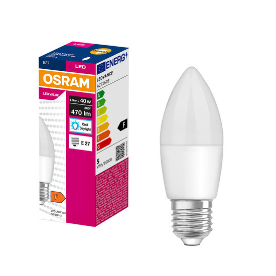 OSRAM LED Kerze E27 Value Classic B matt B40 4.9W 470lm Tageslichtweiss 6500K wie 40W 4099854545160