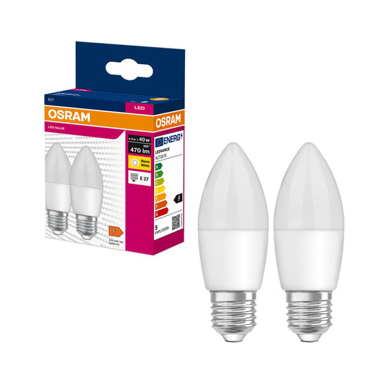2er-Pack OSRAM LED Kerze E27 Value Classic B matt B40 4.9W 470lm Warmweiss 3000K wie 40W 4099854545467