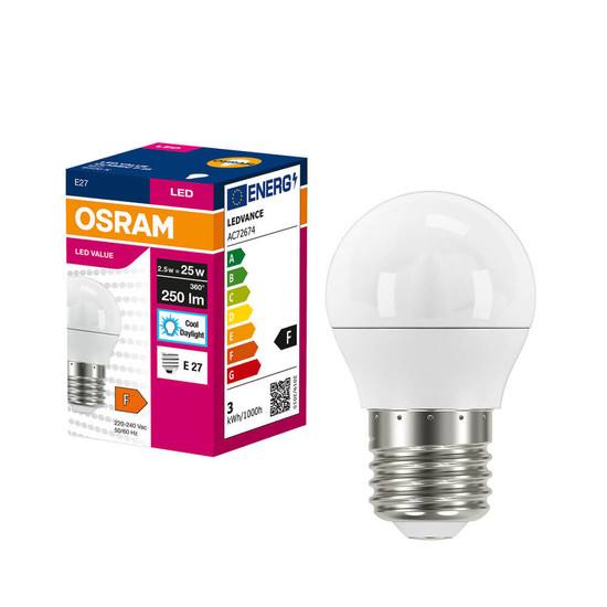 OSRAM LED Lampe E27 Value Classic P matt P25 2.5W 250lm Tageslichtweiss 6500K wie 25W 4099854546723