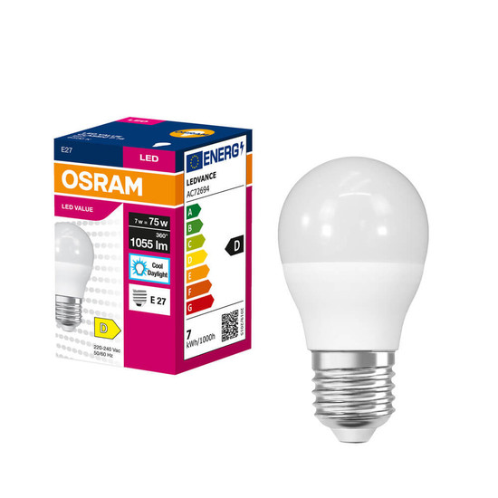 OSRAM LED Lampe E27 Value Classic P matt P75 7W 1055lm Tageslichtweiss 6500K wie 75W 4099854546945