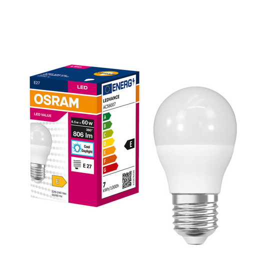 OSRAM LED Lampe E27 Value Classic P matt P60 6.5W 806lm Tageslichtweiss 6500K wie 60W 4099854547454