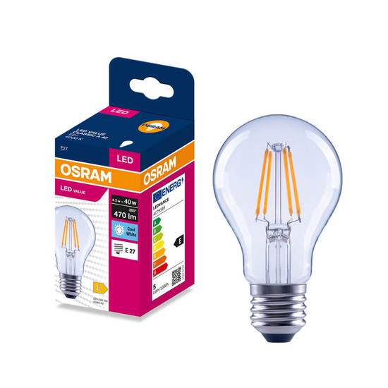 OSRAM LED Lampe E27 Classic Filament A40 4.2W 470lm Neutralweiss 4000K wie 40W 4099854566394