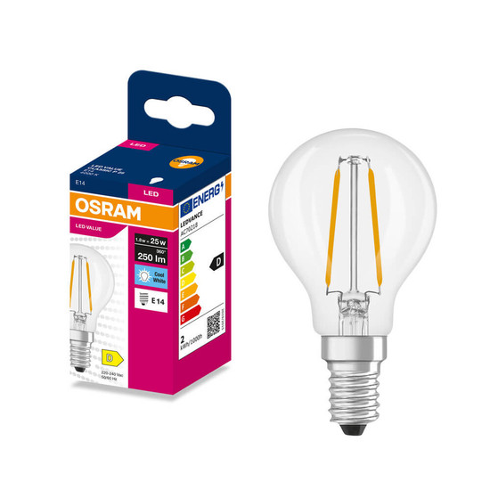OSRAM LED Lampe E14 Classic Filament P25 1.8W 250lm Neutralweiss 4000K wie 25W 4099854568022