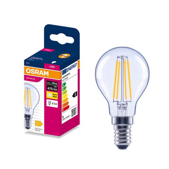 OSRAM LED Lampe E14 Classic Filament P40 4.2W 470lm Warmweiss 2700K wie 40W 4099854568121
