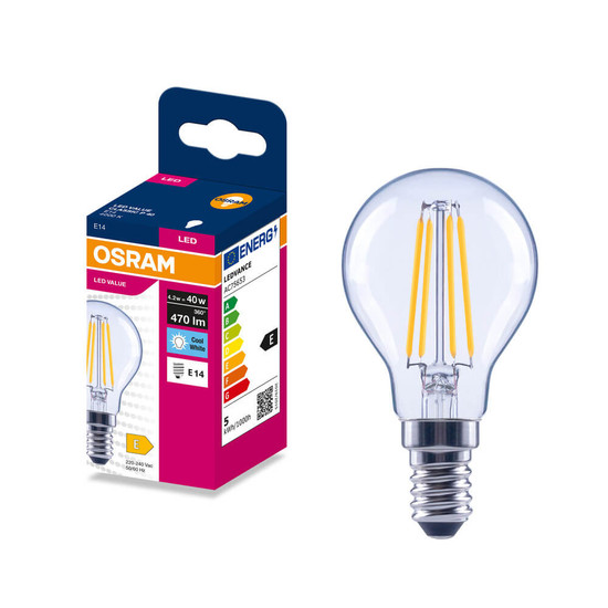 OSRAM LED Lampe E14 Classic Filament P40 4.2W 470lm Neutralweiss 4000K wie 40W 4099854568145