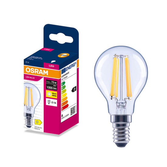 OSRAM LED Lampe E14 Classic Filament P75 7.5W 1055lm Warmweiss 2700K wie 75W 4099854568305