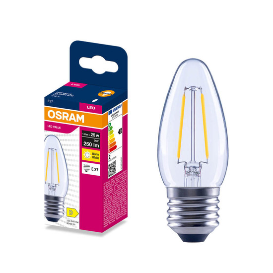 OSRAM LED Kerze E27 Classic Filament B25 1.8W 250lm Warmweiss 2700K wie 25W 4099854569135