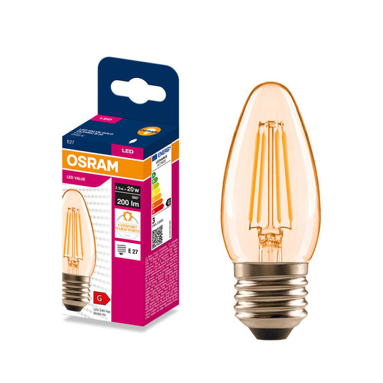 OSRAM LED Kerze E27 Classic Filament B20 2.5W 200lm Extra-Warmweiss 2400K wie 20W 4099854569203