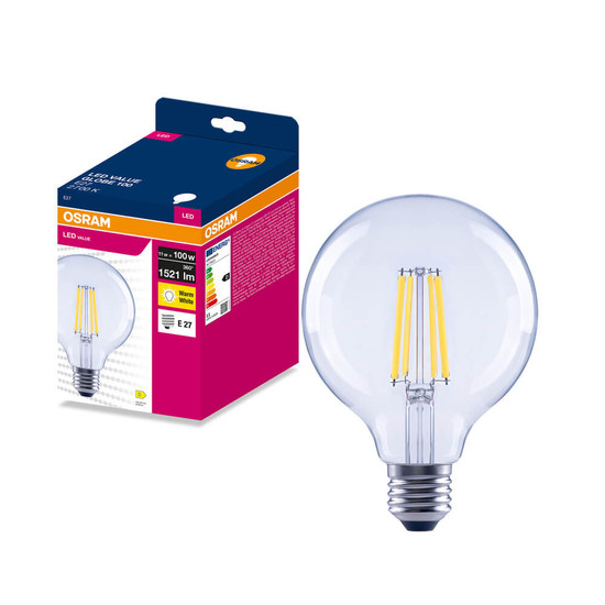 OSRAM LED Lampe E27 Globe Filament G125 11W 1521lm Warmweiss 2700K wie 100W 4099854570322