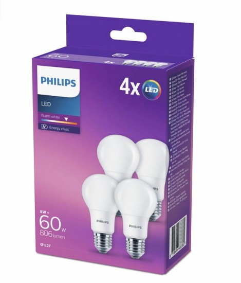4er-Set Philips LED Lampe E27 8W warmweiss 2700K 806lm wie 60W Glühlampe