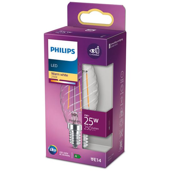 Philips E14 LED Kerze Filament 2W 250Lm warmweiss klar geschwungen wie 25W Glühlampe