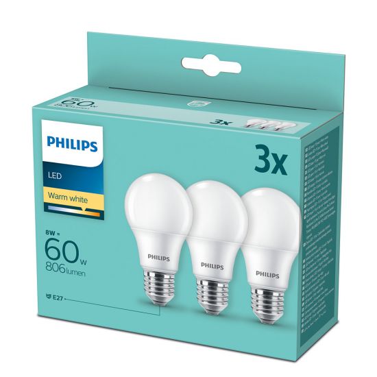 3er-Set Philips LED Birne 8W warmweiss E27 8718699775490