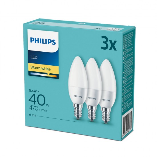3er-Set Philips LED Kerze E14 5.5W warmweiss wie 40W Glühkerze 470Lm 8718699777814