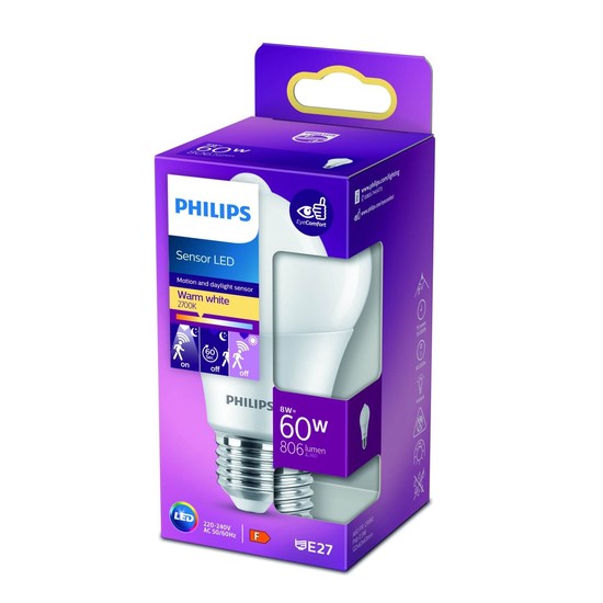 Philips Bewegungsmelder LED Lampe E27 Sensor 8W 806lm warmweiss 2700K wie 60W