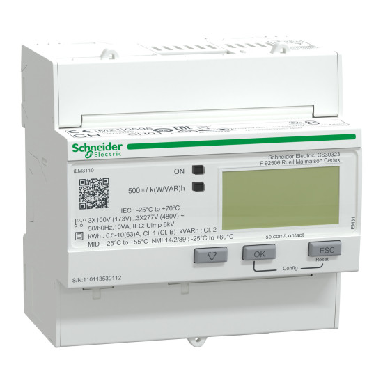 Schneider Electric A9MEM3110 Energiezähler iEM3110, 3-phasig, 63A, mit Teilzähler, S0-Impuls, MID konform, Genauigkeitsklasse 1
