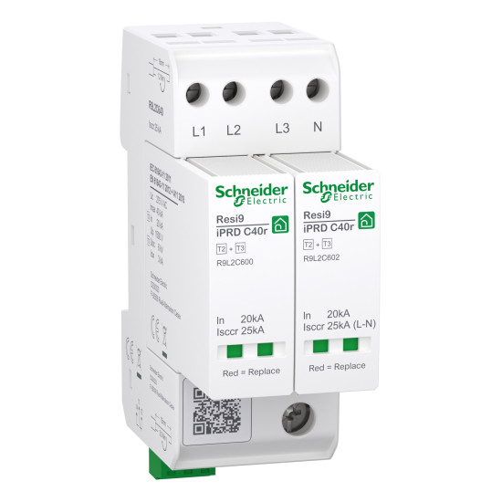 Schneider Electric R9L2C640 Überspannungsableiter, Resi9 iPRD C40r, Typ 2+3, Schutzmodule steckbar, 3P+N, 40kA, kompakt 2TE, FM-Kontakt