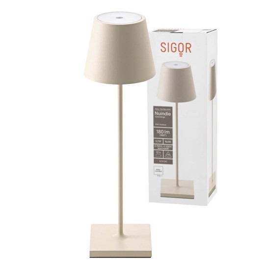 SIGOR Akku-Tischleuchte Nuindie USB-C 38cm dünenbeige 2,2W FlexMood 2200K/2700K IP54 Ra85 dimmbar